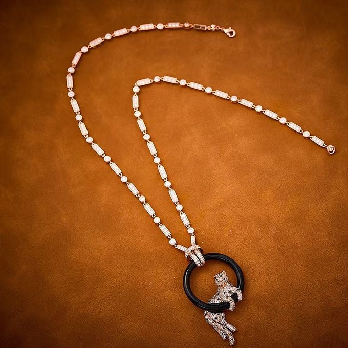 [Eterna Jewels jewelrys]NEW BLACK CIRCLE PANTHER FULL DIAMOND NECKLACE