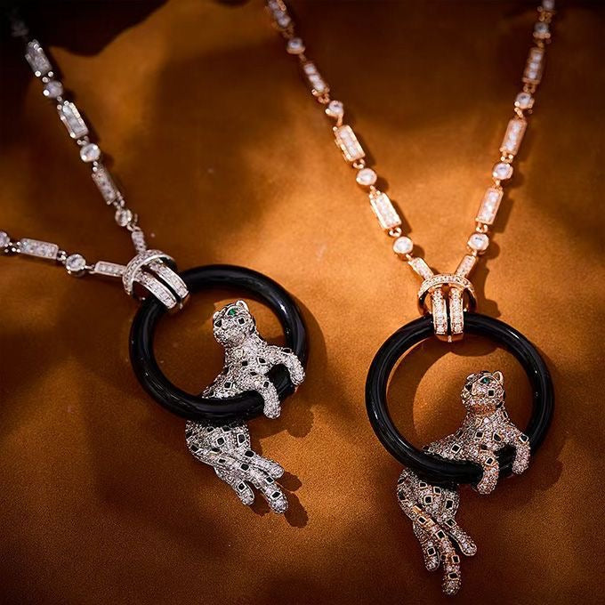 [Eterna Jewels jewelrys]NEW BLACK CIRCLE PANTHER FULL DIAMOND NECKLACE